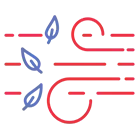 Abstract stylized wind or motion graphic with blue and red curved lines