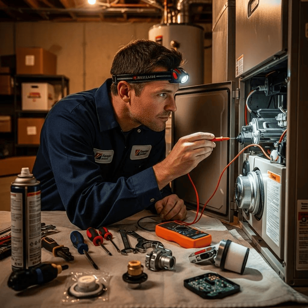 Technician repairing a furnace, illustrating local service options and repair costs