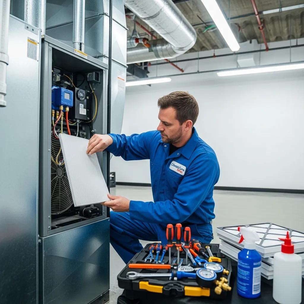 Technician changing air filter and inspecting HVAC components during routine maintenance