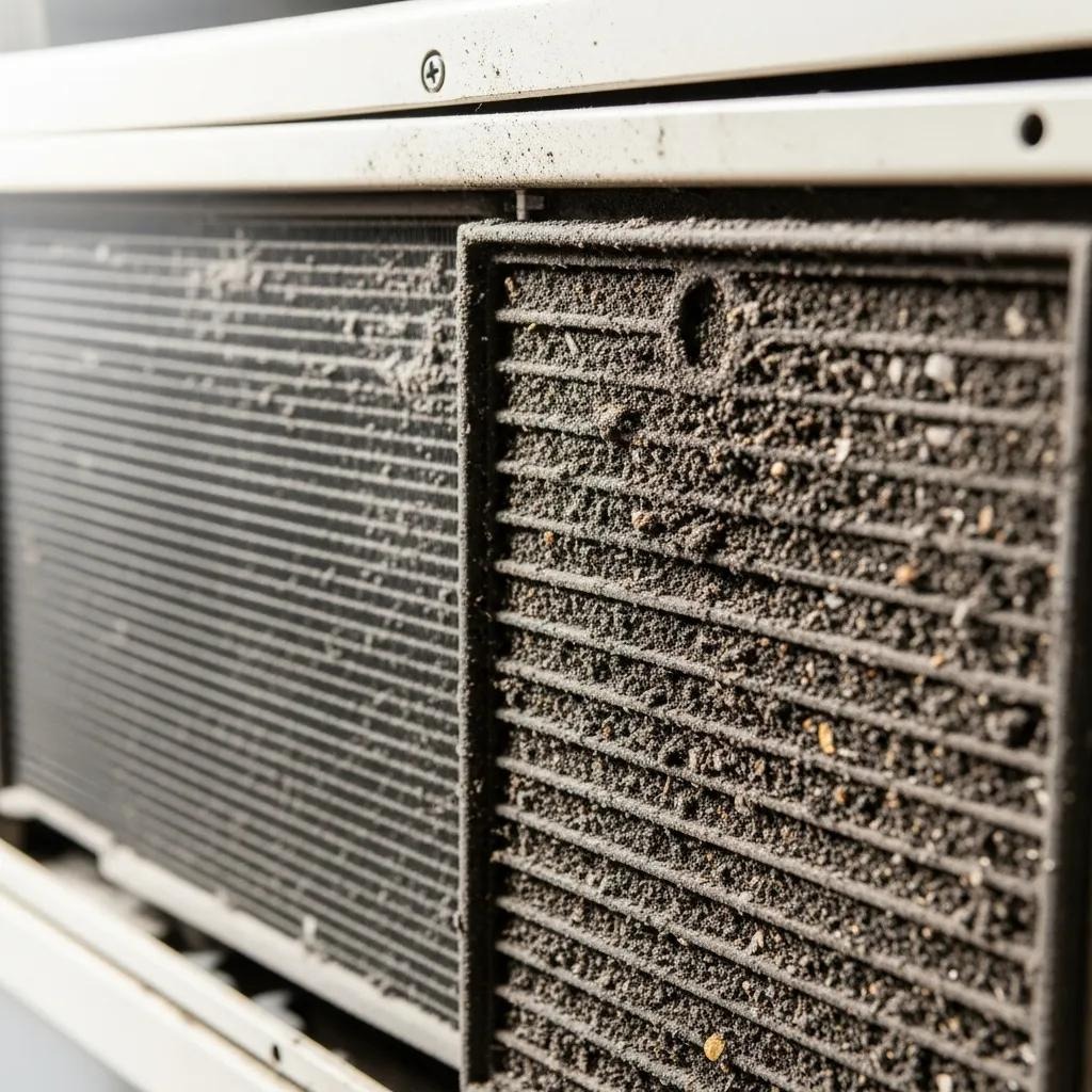 Close-up of an air conditioning unit showing dirty coils and a clogged air filter