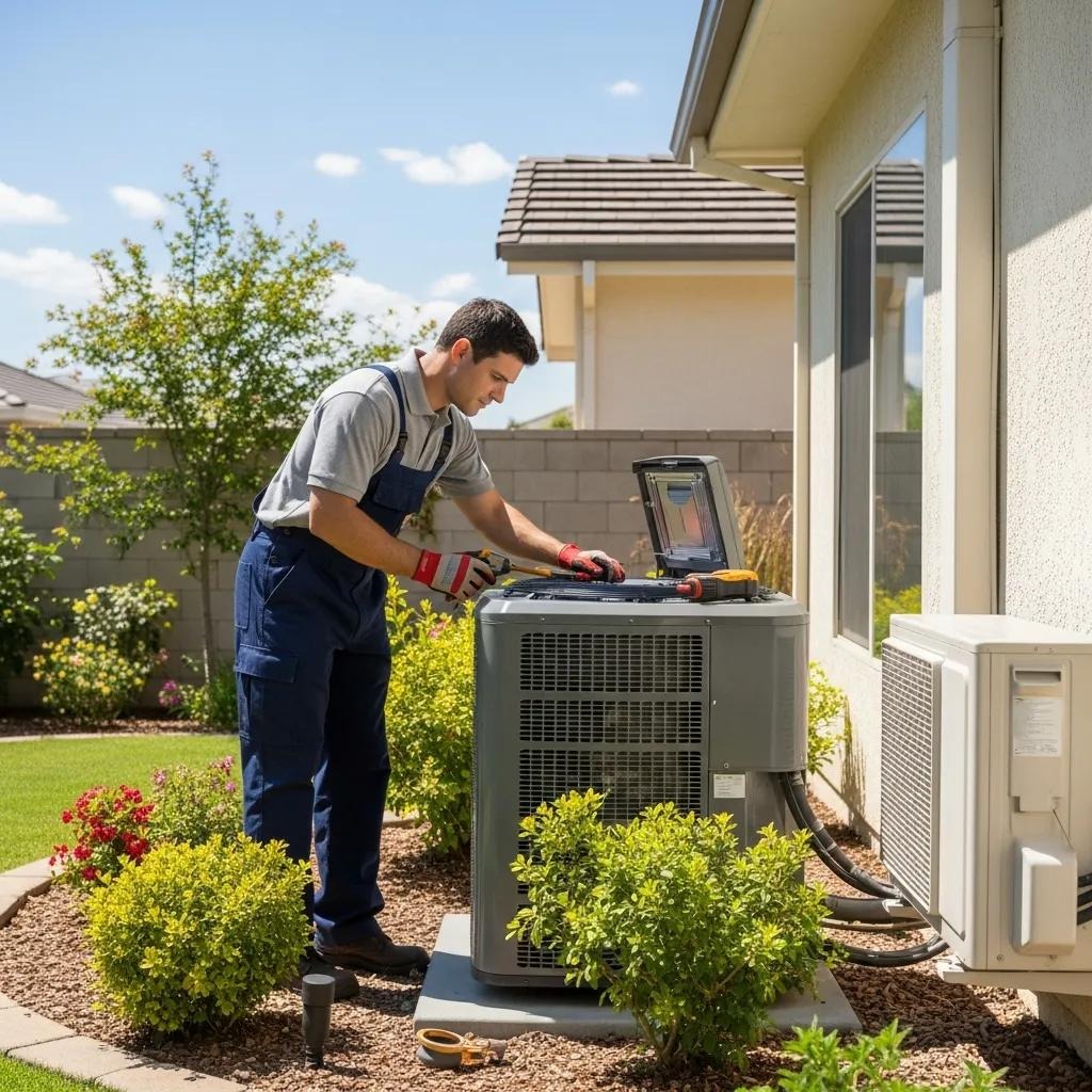 Technician performing a Spring AC tune-up on a residential air conditioning unit in a garden