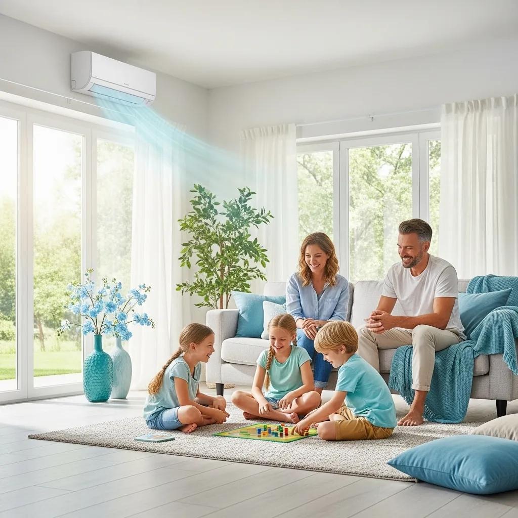 Family enjoying a comfortable indoor environment with a visible air conditioning unit in the background