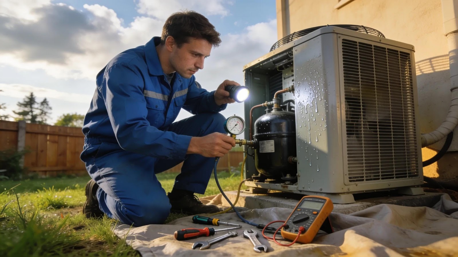 Technician inspecting outdoor air conditioning compressor for common performance issues