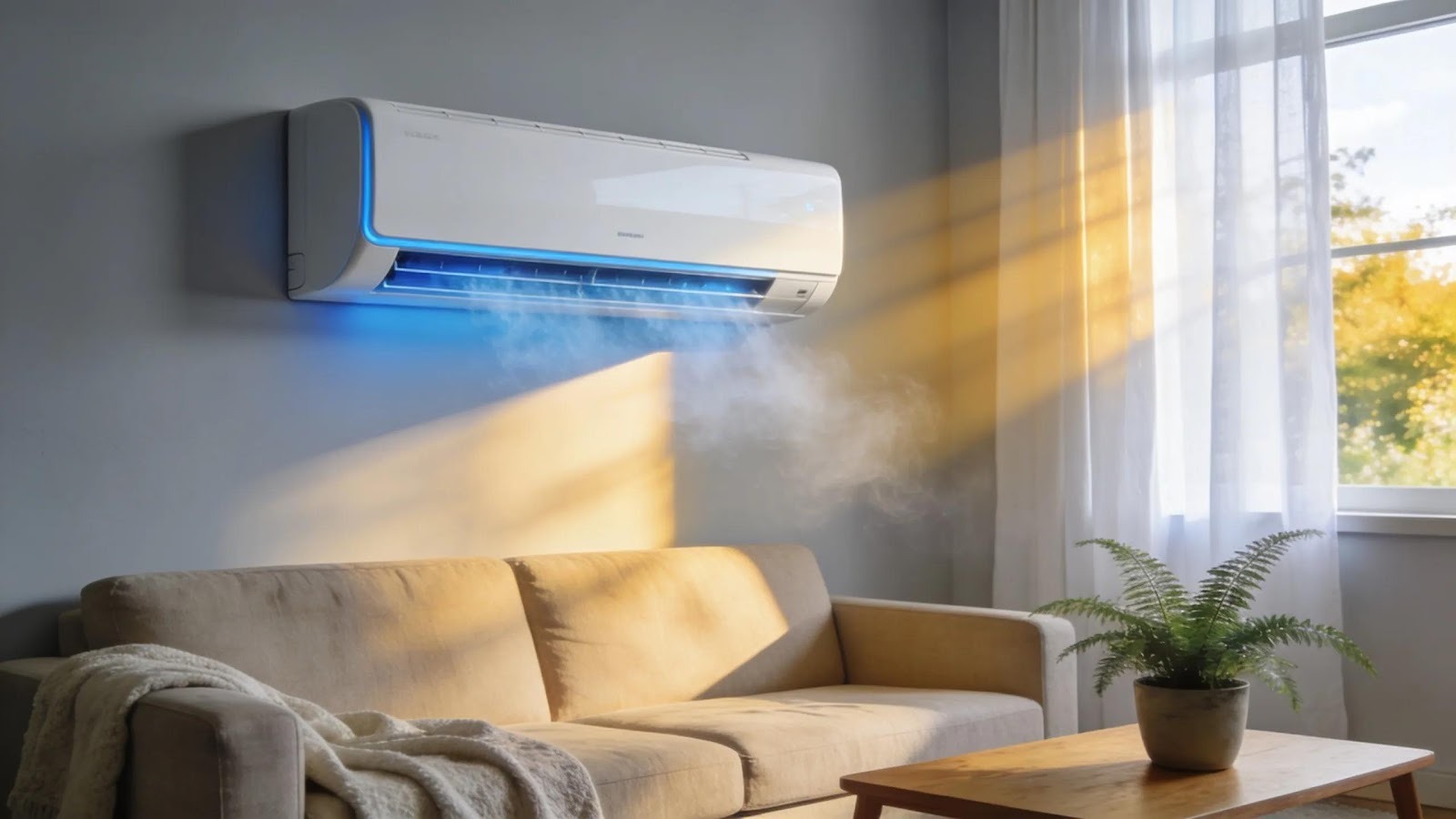 Modern air conditioning unit in a bright living room symbolizing comfort during hot summer days
