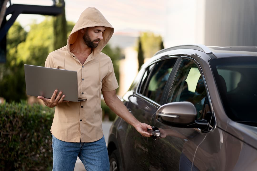 Homme barbu en sweat à capuche avec ordinateur portable, ouvrant une portière de voiture. Symbolise les cyber arnarque de voiture sur le boncoin