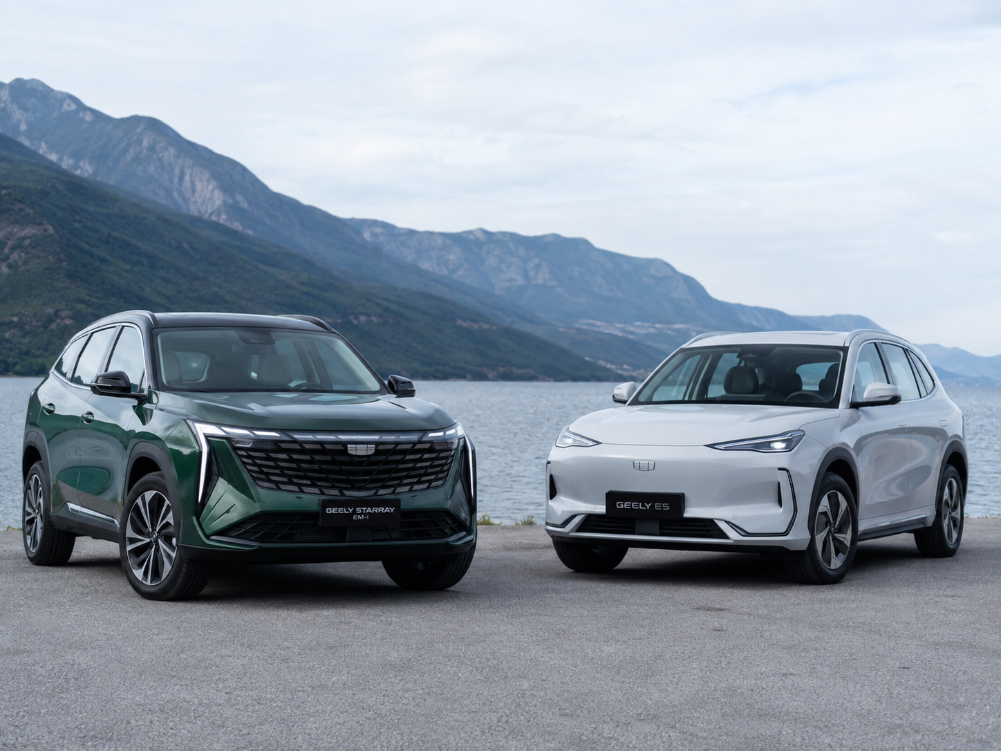 Geely Starray EM-i et Geely E5 côte à côte – SUV électriques Geely