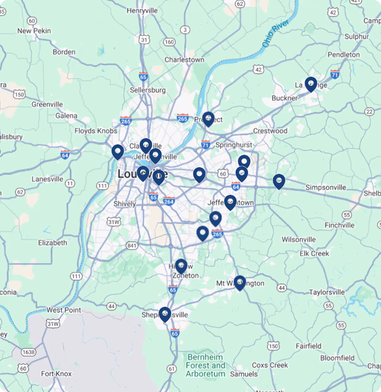 Map of Louisville and surrounding areas with multiple location markers