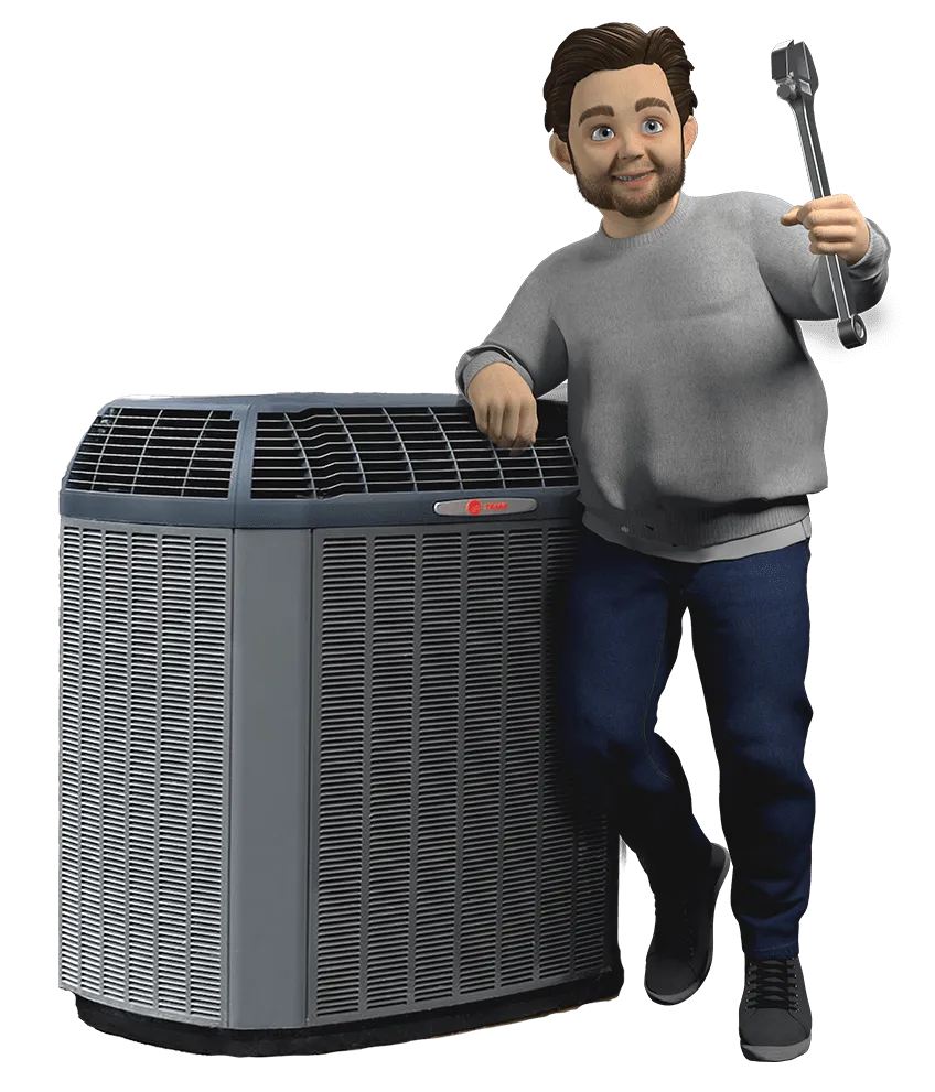 HVAC technician standing next to air conditioning unit with wrench