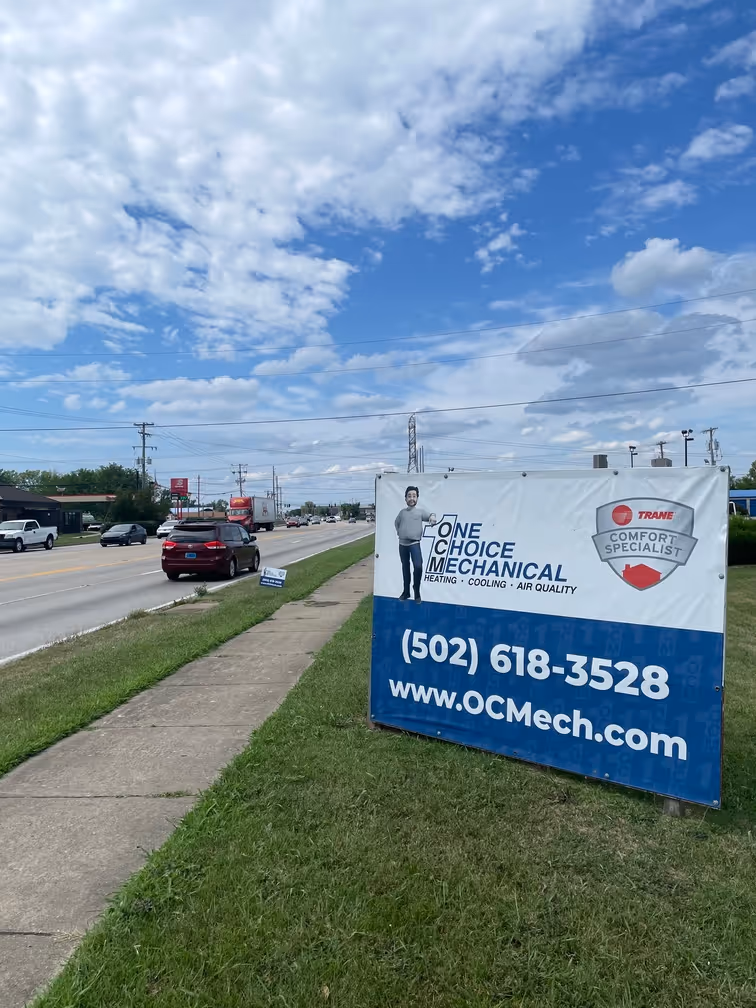 One Choice Mechanical billboard on roadside with cloudy blue sky