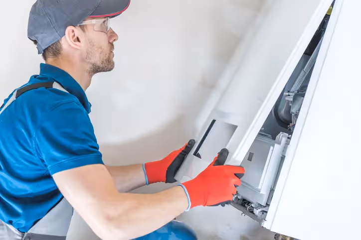 Technician in blue shirt and red gloves repairing or installing an air conditioner