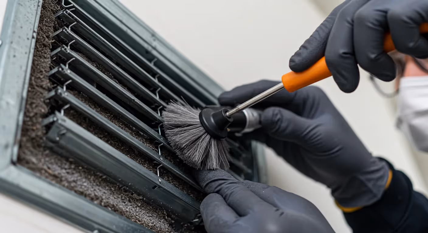 Gloved hands cleaning air conditioner vent with a small brush