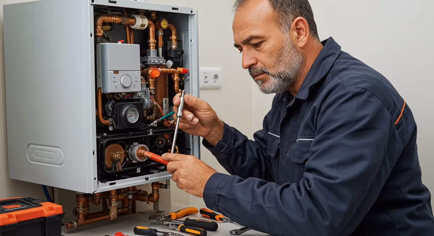 Technician repairing boiler with tools, examining internal components carefully