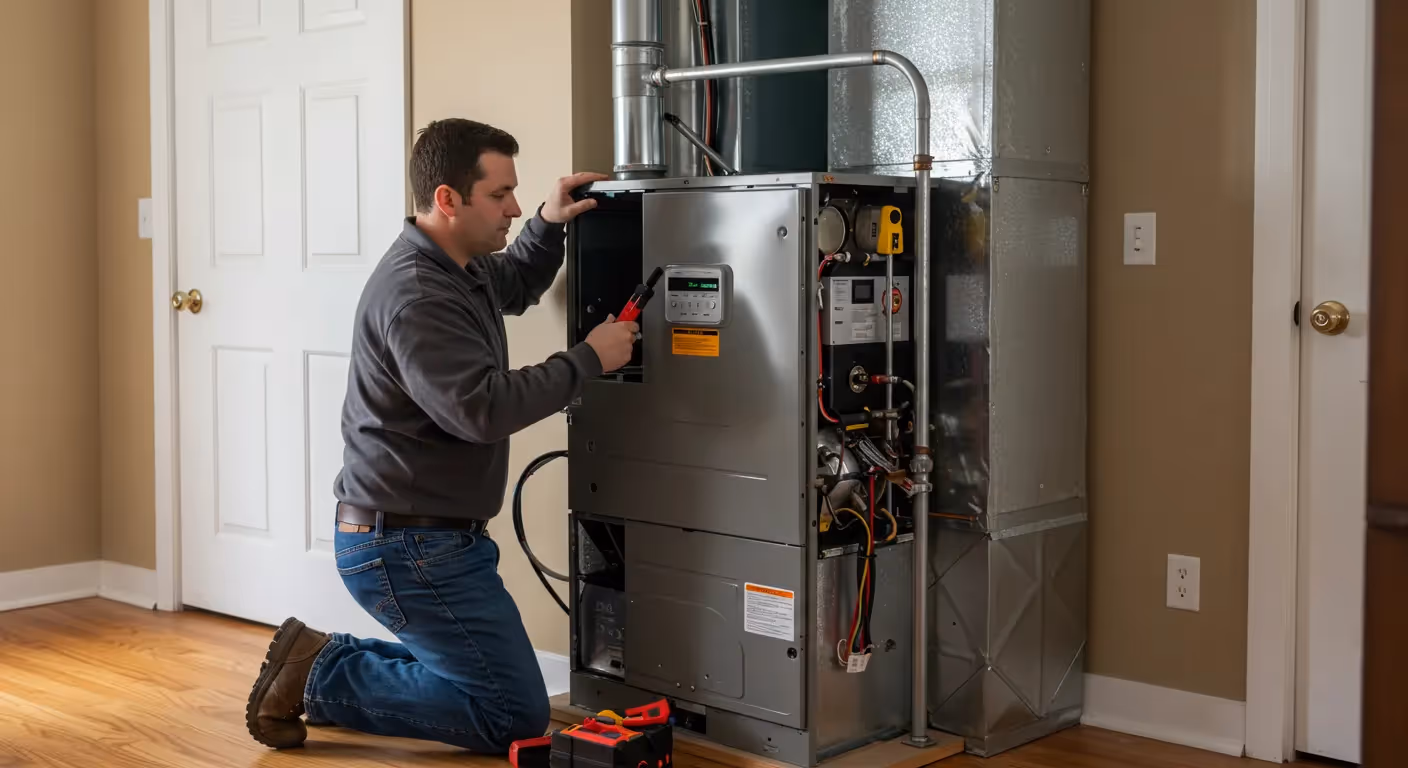 Technician repairing HVAC system in residential home utility room