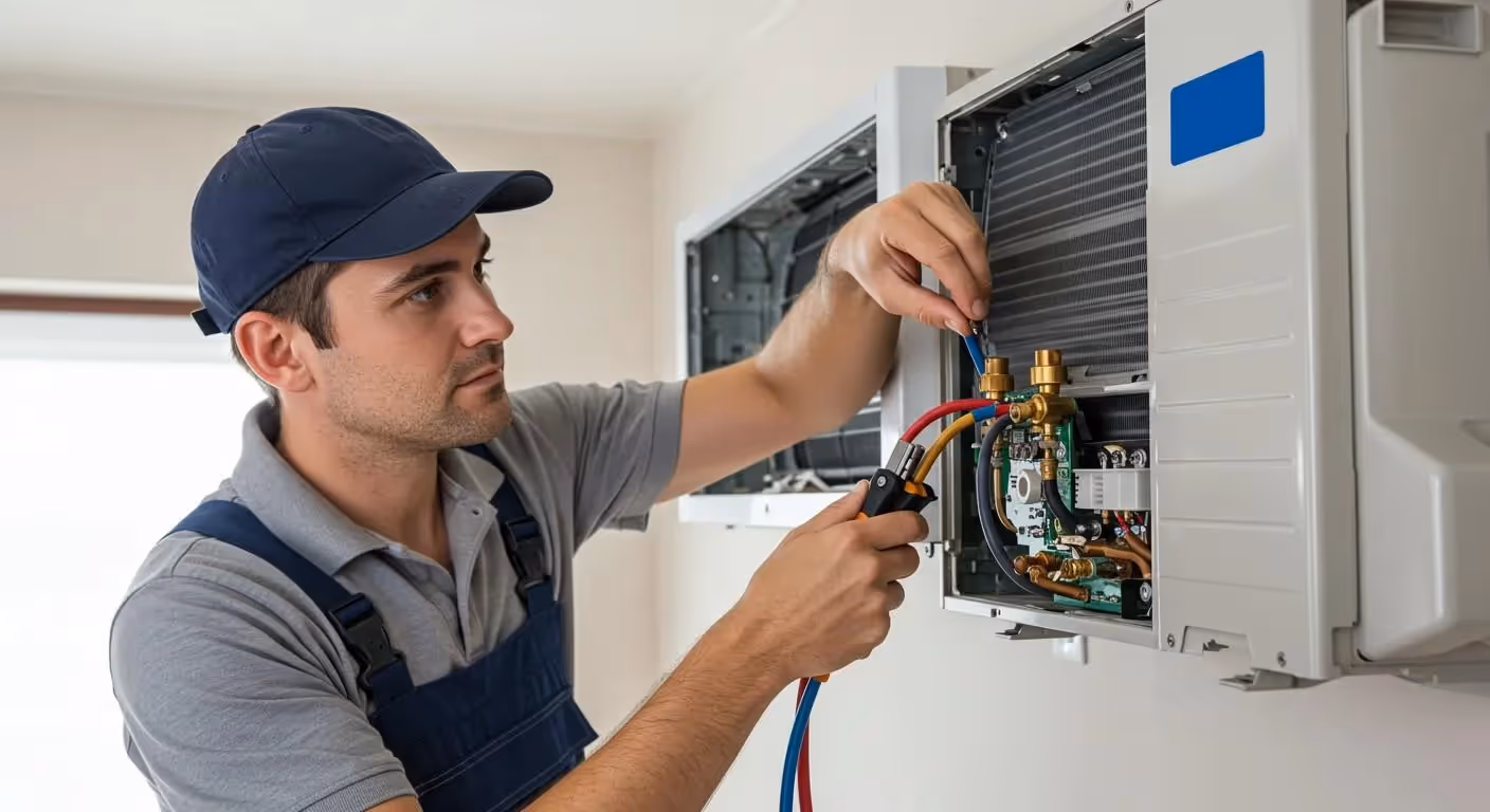 Technician repairing air conditioning unit with tools and electrical connections