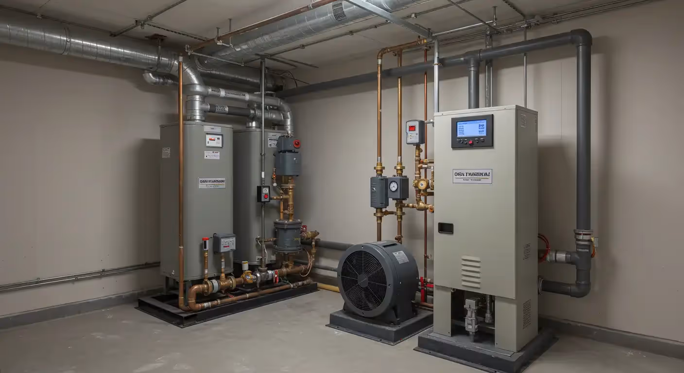 Mechanical room with heating system, pipes, tanks, and control panels