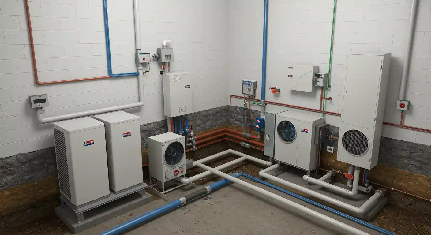 HVAC system with multiple heat pumps and connected piping in mechanical room