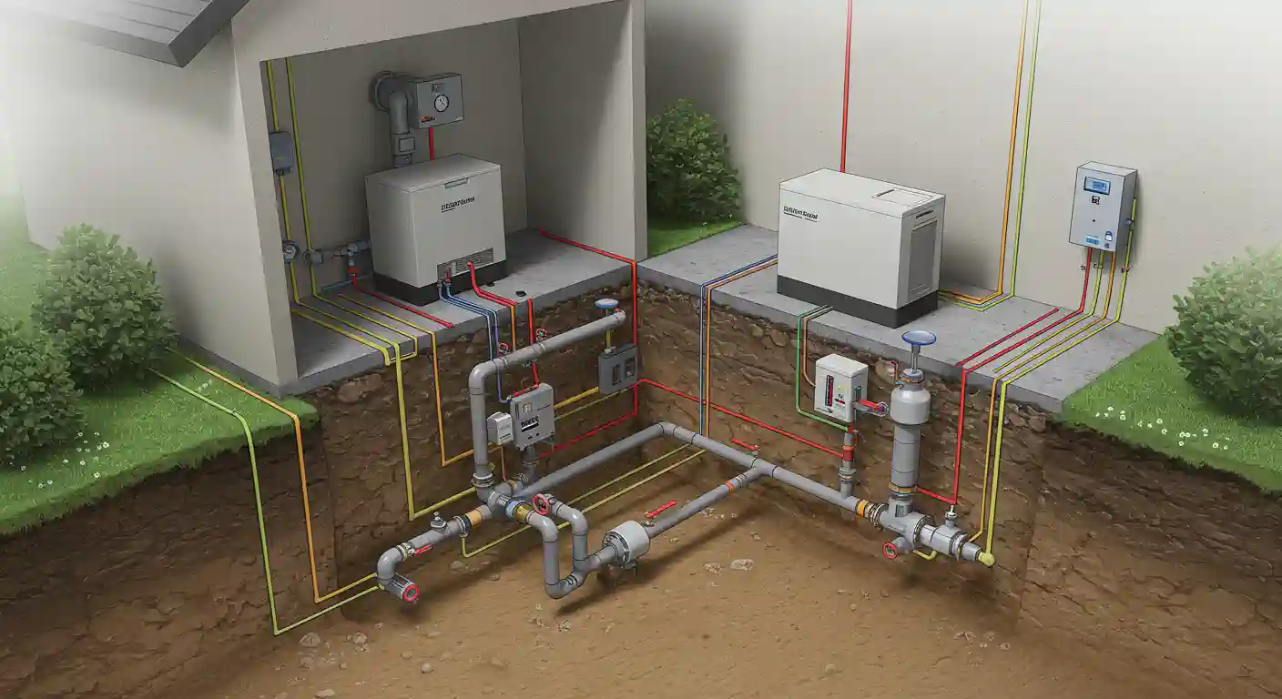 Underground utility pipes and electrical systems connecting white equipment boxes