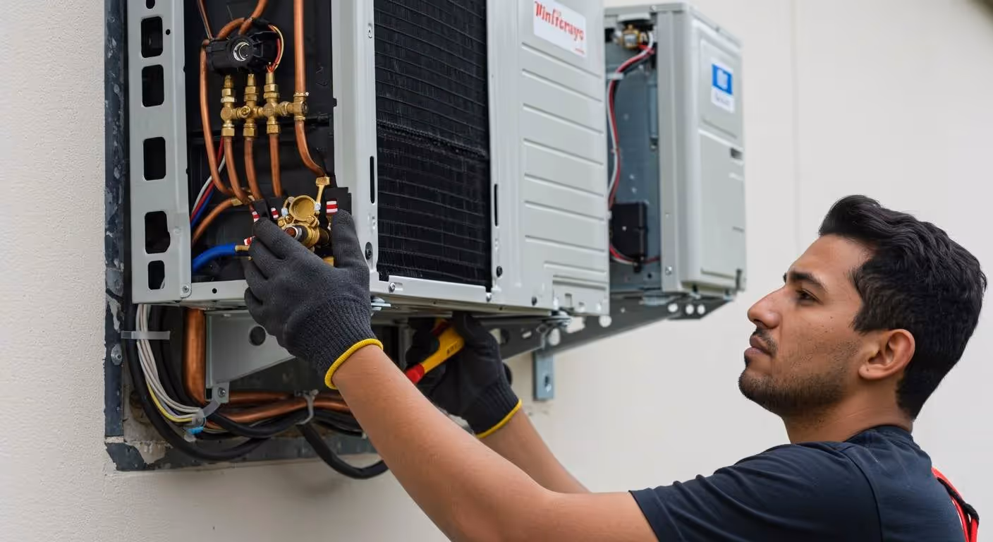 A technician wearing gloves works on a wall-mounted air conditioning unit, adjusting copper pipes and valves.