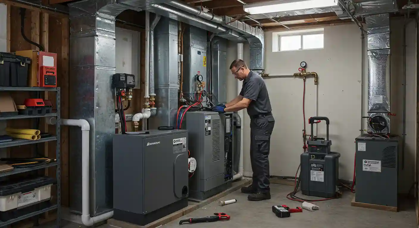 A technician works on HVAC equipment in a basement, surrounded by pipes, tools, and shelves filled with supplies.