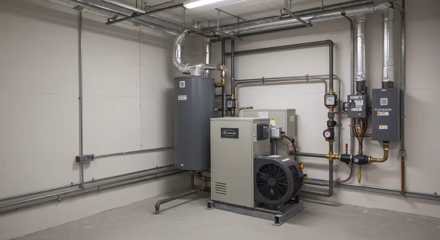 Industrial mechanical room with water heater, pipes, and HVAC equipment