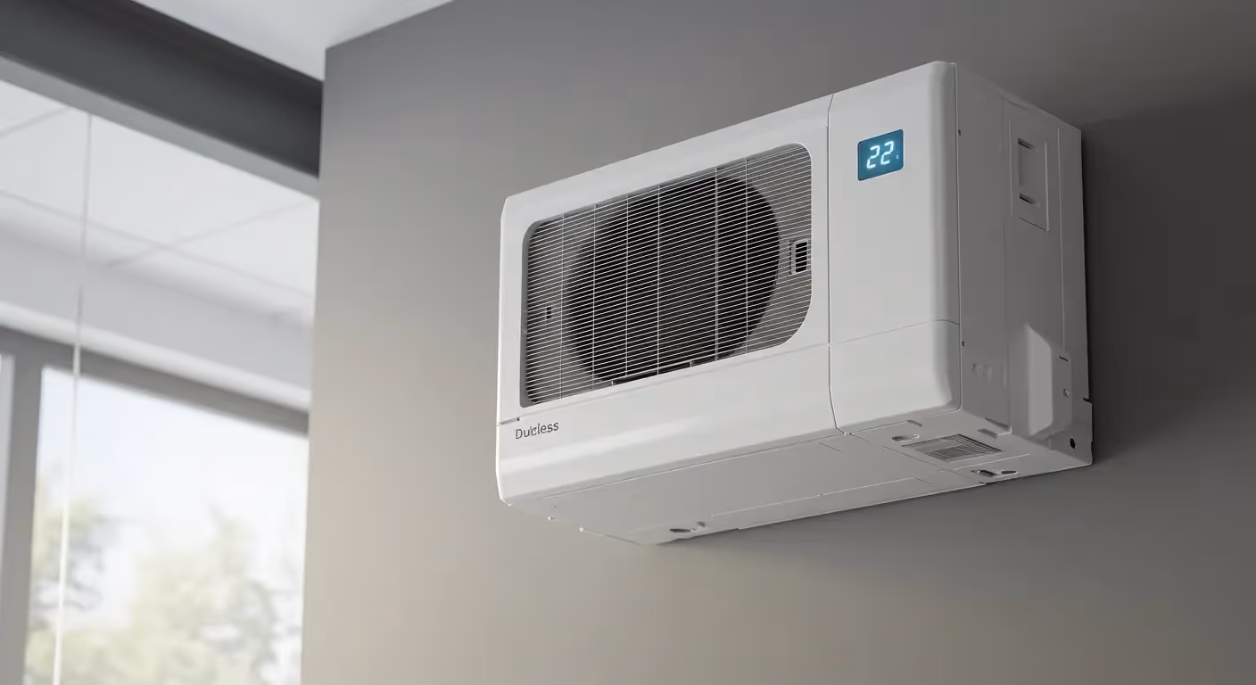 A white wall-mounted air conditioner displaying a temperature of 22°C, installed in a modern interior with a large window.