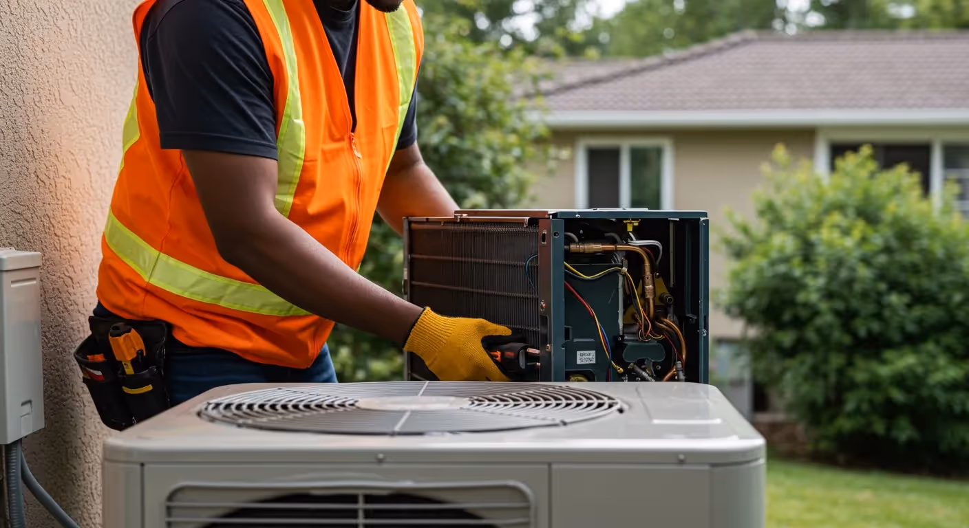 Technician in safety vest repairing outdoor air conditioning unit