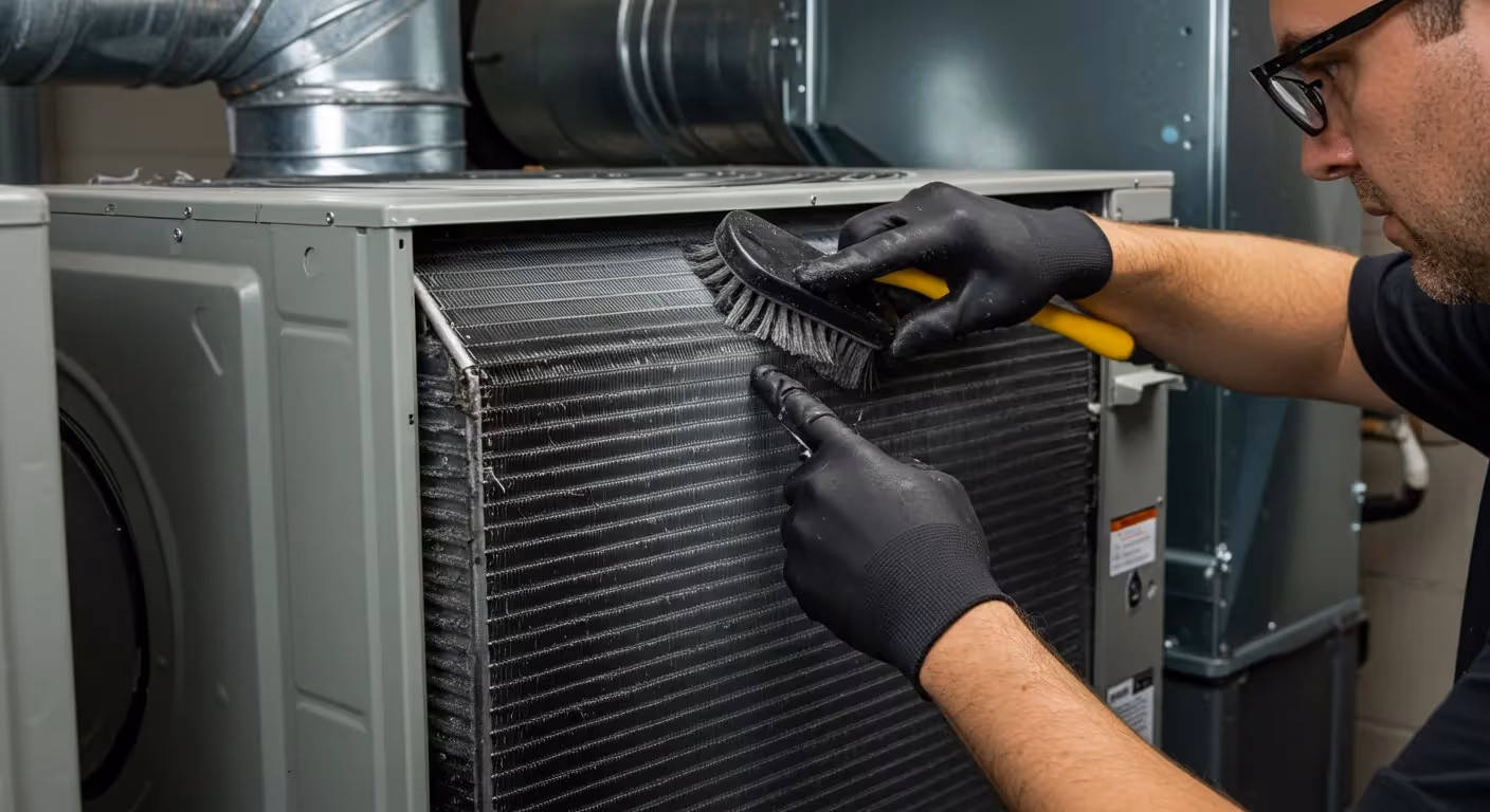 Technician cleaning HVAC air conditioning unit with brush and gloves