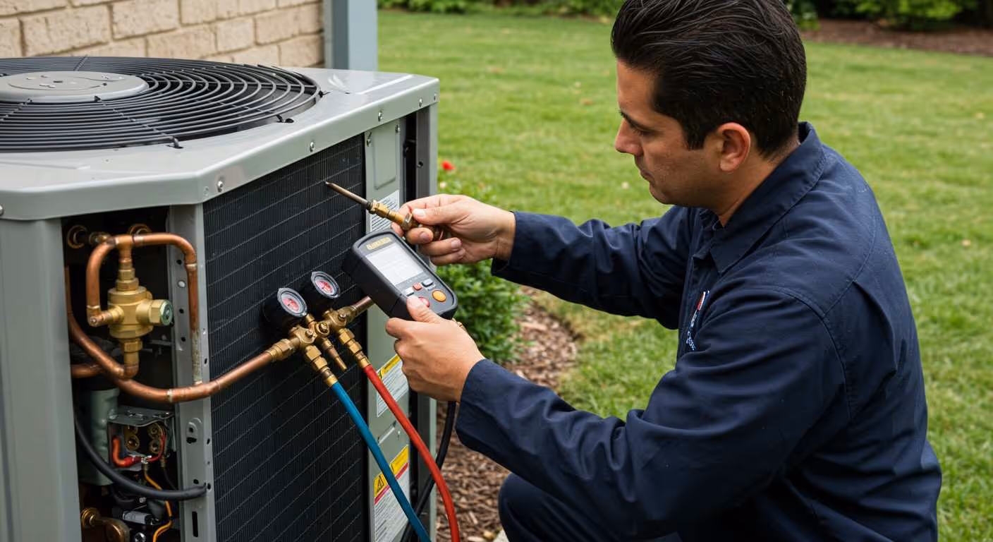 Technician checking HVAC system with diagnostic tools outdoors