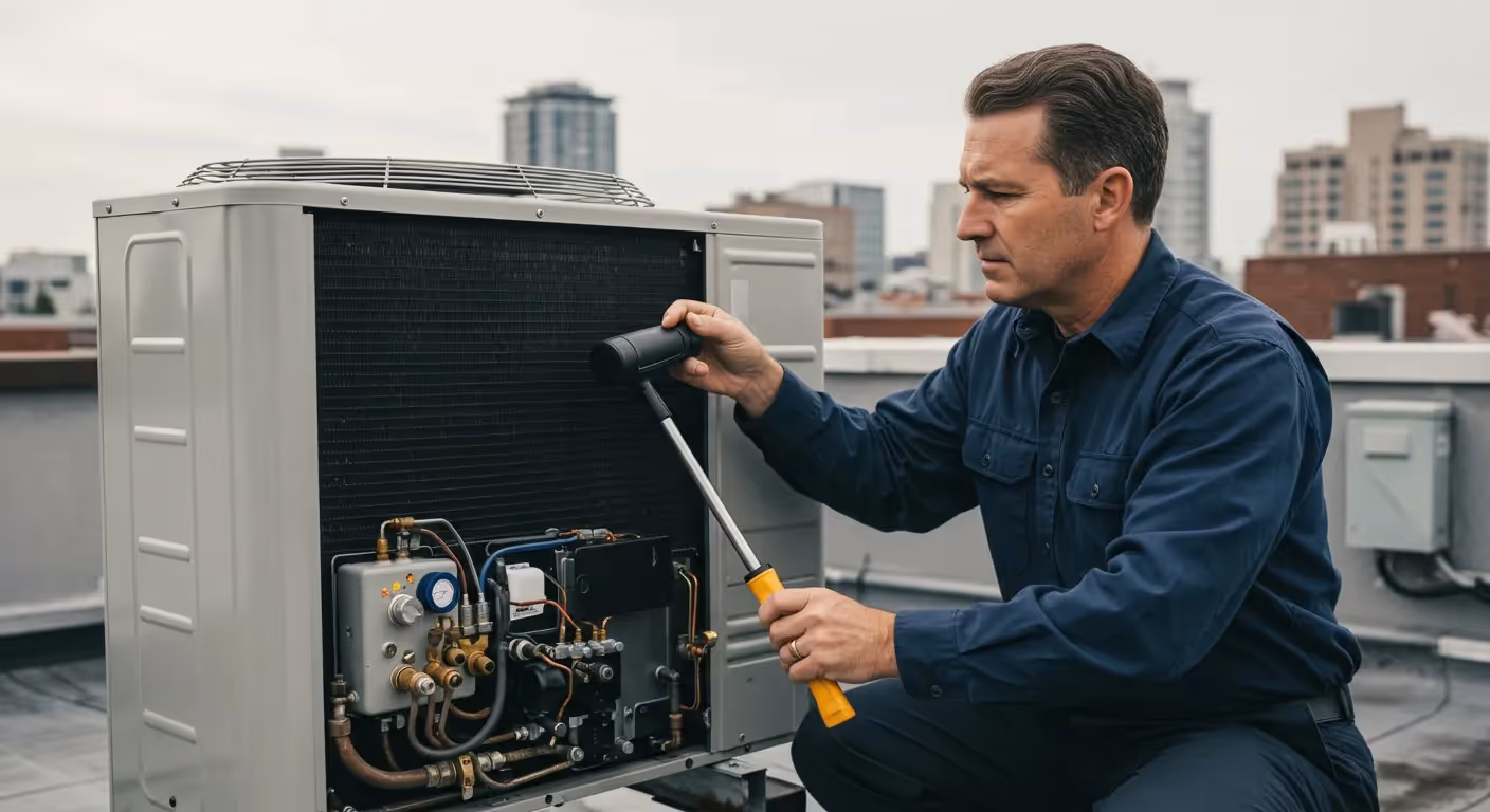 Technician repairing an HVAC unit on a rooftop with city buildings behind