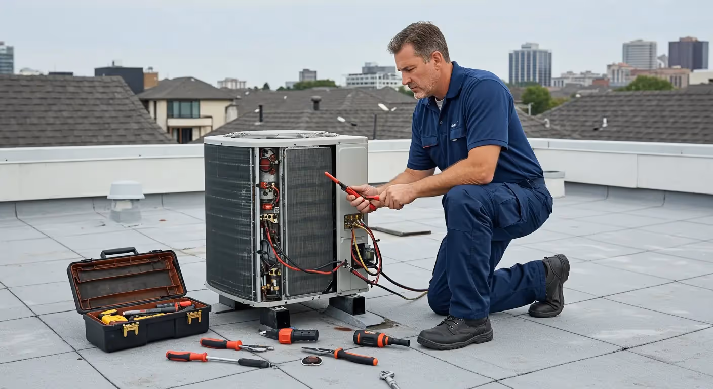 Technician repairing air conditioning unit on a rooftop with city background