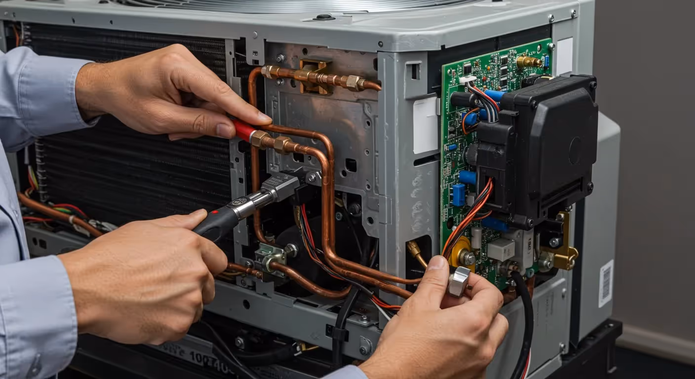 Technician repairing internal components of an HVAC or industrial equipment