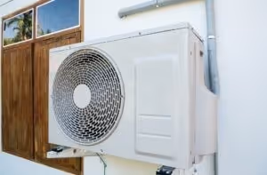 White air conditioning unit mounted on exterior wall with wooden siding