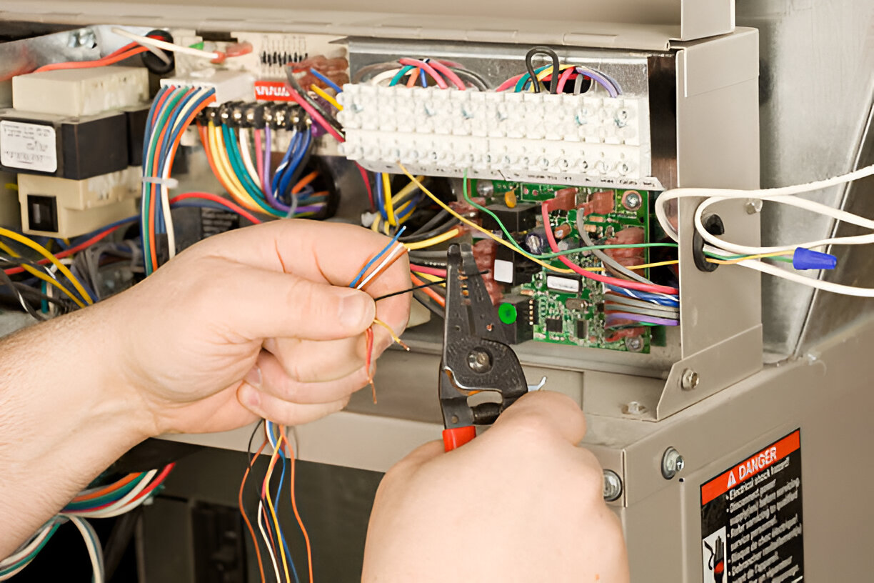 Electrician stripping and preparing wires inside an electrical control panel