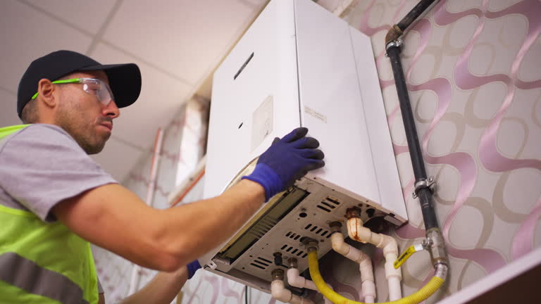 Technician installing or repairing a wall-mounted heating or utility system