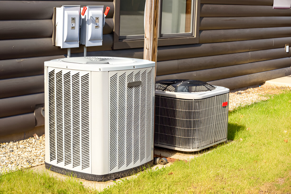 Two air conditioning units outside a house with electrical disconnect box