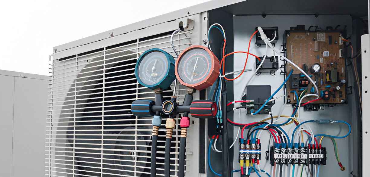 Air conditioning unit with pressure gauges and electrical wiring exposed