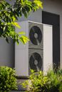 Air conditioning unit mounted on wall, partially obscured by green leaves