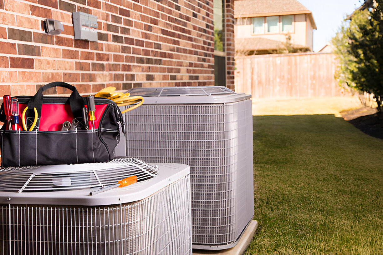 HVAC technician's tools and air conditioning units outside residential home
