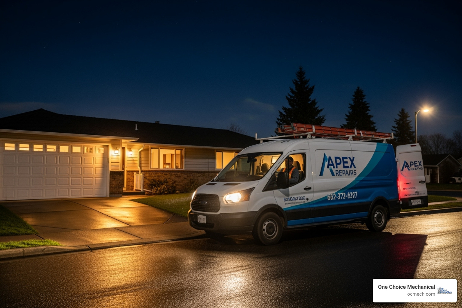 a technician's van arriving at a home at night - emergency heating service