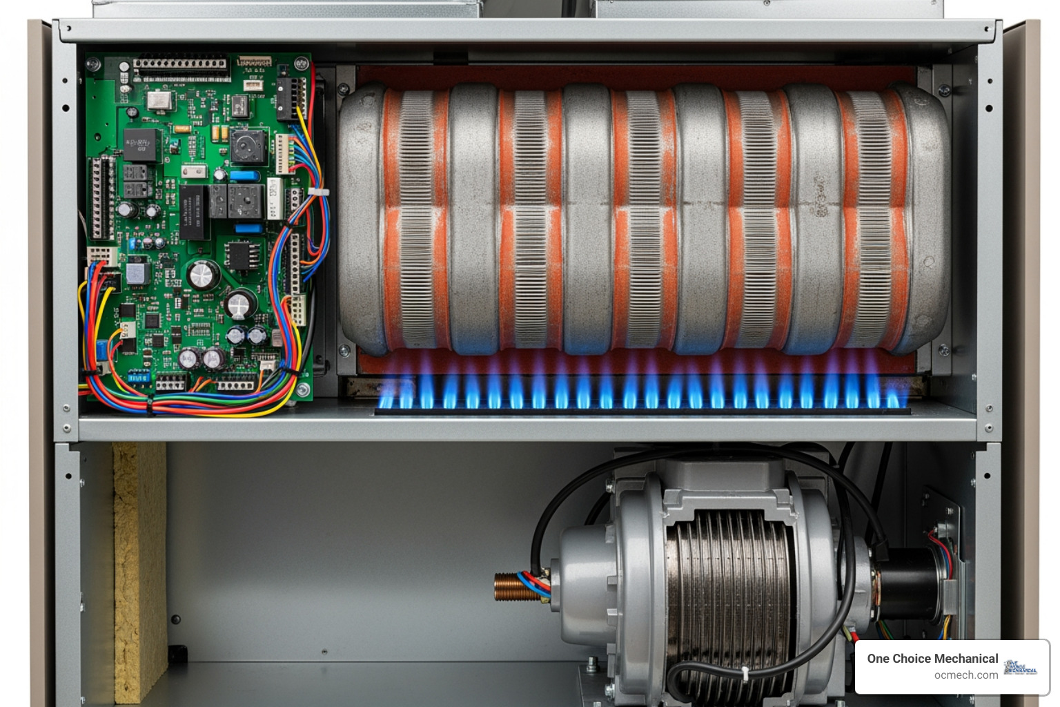 Internal components of a furnace with labels pointing to the blower motor, heat exchanger, burners, and control board. - furnace making noise in clarksville in Internal components of a furnace with labels pointing to the blower motor, heat exchanger, burners, and control board. - furnace making noise in clarksville in