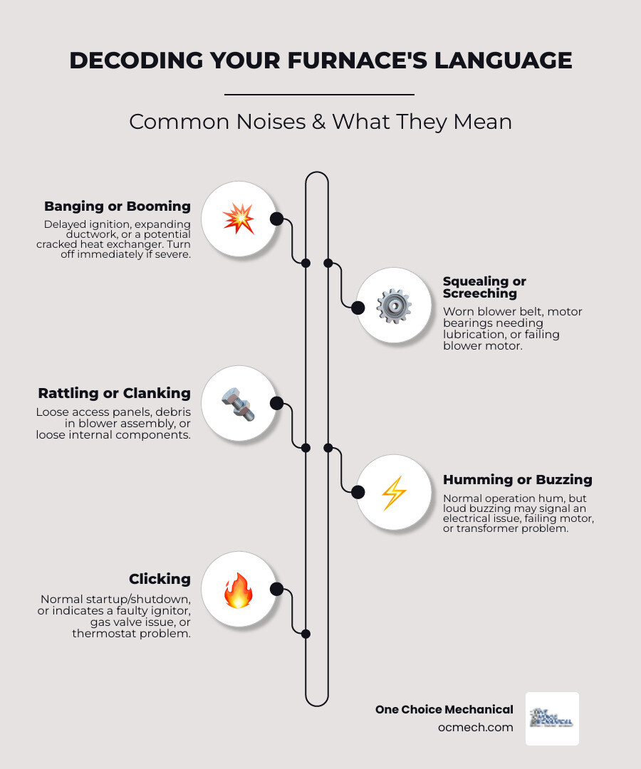 Infographic showing five common furnace noises with icons: a booming explosion symbol for banging indicating delayed ignition, a belt icon for squealing showing worn motor parts, a wrench and loose screw for rattling indicating loose components, an electrical spark for humming showing electrical issues, and a flame icon for clicking representing ignitor problems. Each noise type includes a brief cause and severity indicator. - furnace making noise in clarksville in infographic infographic-line-5-steps-elegant_beige Infographic showing five common furnace noises with icons: a booming explosion symbol for banging indicating delayed ignition, a belt icon for squealing showing worn motor parts, a wrench and loose screw for rattling indicating loose components, an electrical spark for humming showing electrical issues, and a flame icon for clicking representing ignitor problems. Each noise type includes a brief cause and severity indicator. - furnace making noise in clarksville in infographic infographic-line-5-steps-elegant_beige