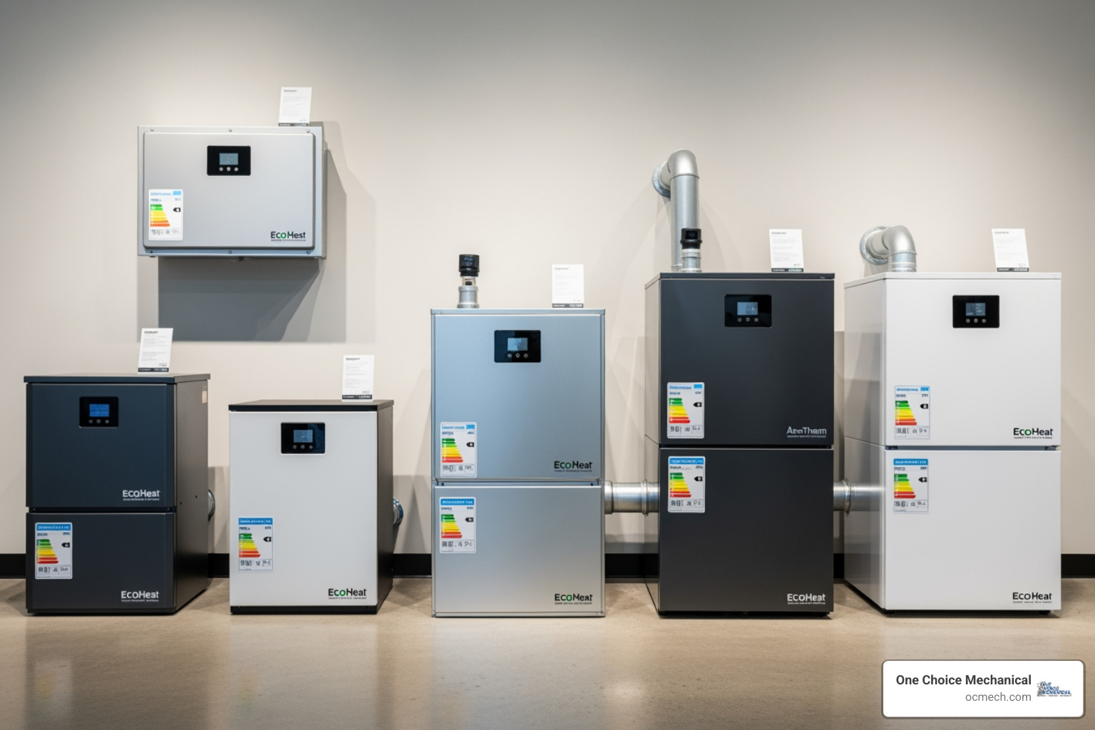 Different types of modern, high-efficiency furnaces displayed in a clean, contemporary setting - furnace installation in anchorage ky