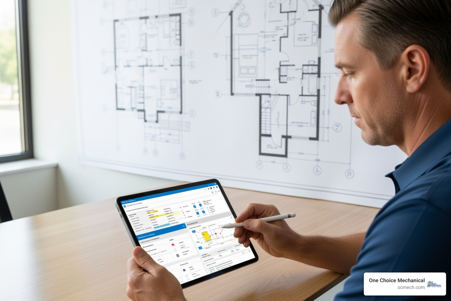 A technician performing a Manual J load calculation on a tablet, with a house blueprint in the background - furnace installation in anchorage ky
