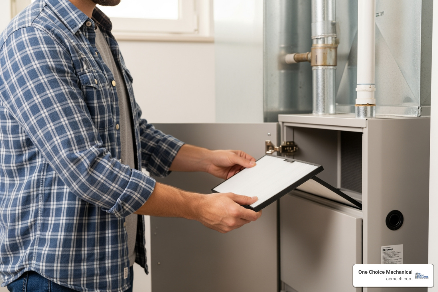 A homeowner easily changing a furnace filter, demonstrating simple, proactive maintenance - furnace installation in anchorage ky