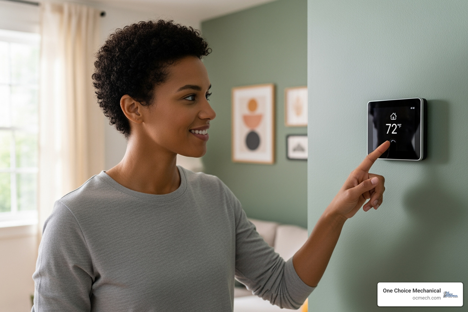 homeowner smiling at their new smart thermostat - furnace installation in highlands ky