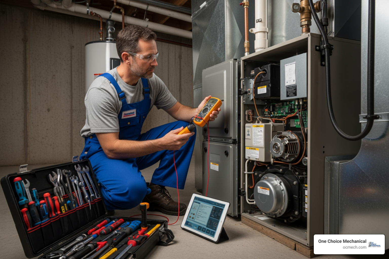 Professional HVAC technician with tools inspecting furnace - furnace installation in middletown ky Professional HVAC technician with tools inspecting furnace - furnace installation in middletown ky