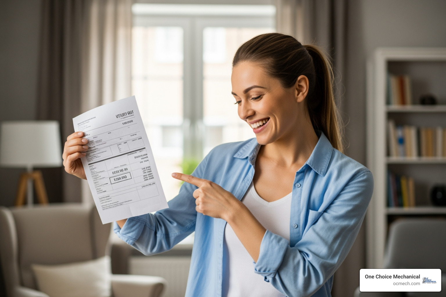 image of a homeowner smiling at a lower energy bill - furnace installation in new albany in