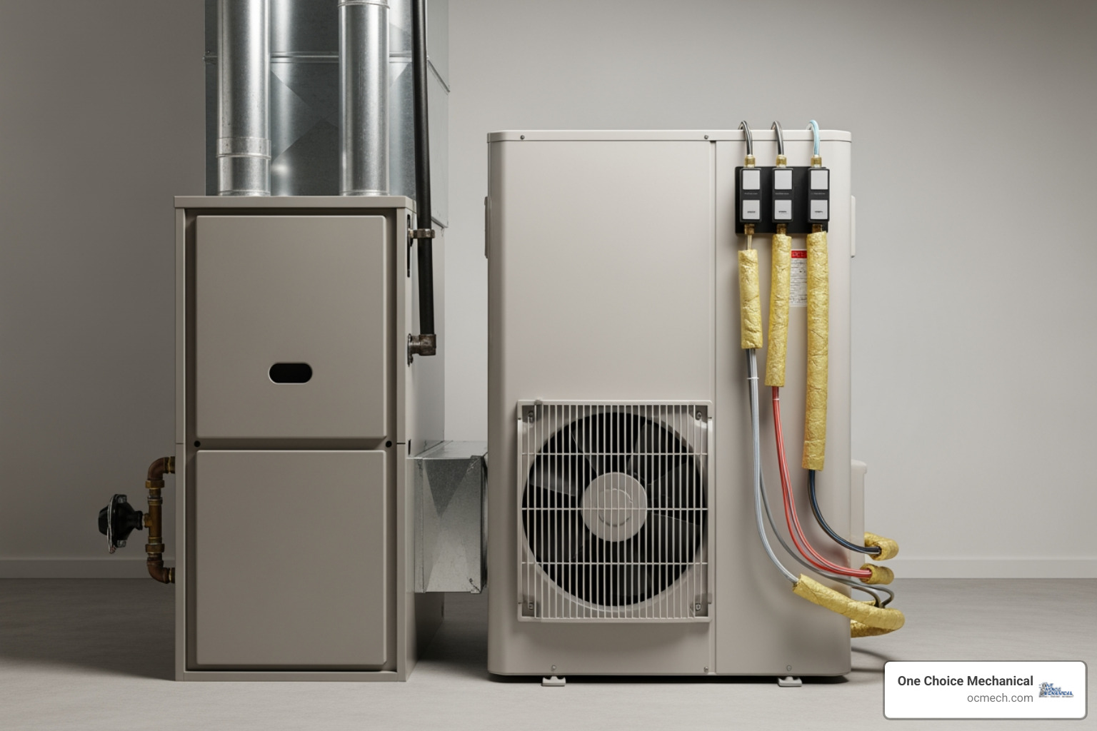 image showing a gas furnace and an electric heat pump side-by-side - furnace installation in new albany in