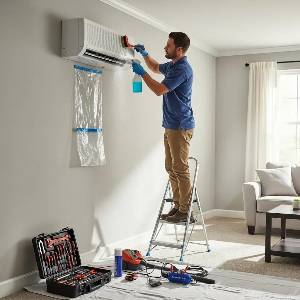 Technician servicing a mini-split heat pump — routine maintenance keeps systems running efficiently
