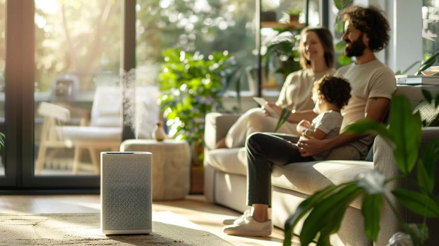 Family enjoying a healthy indoor environment with a whole-home air purifier in the background